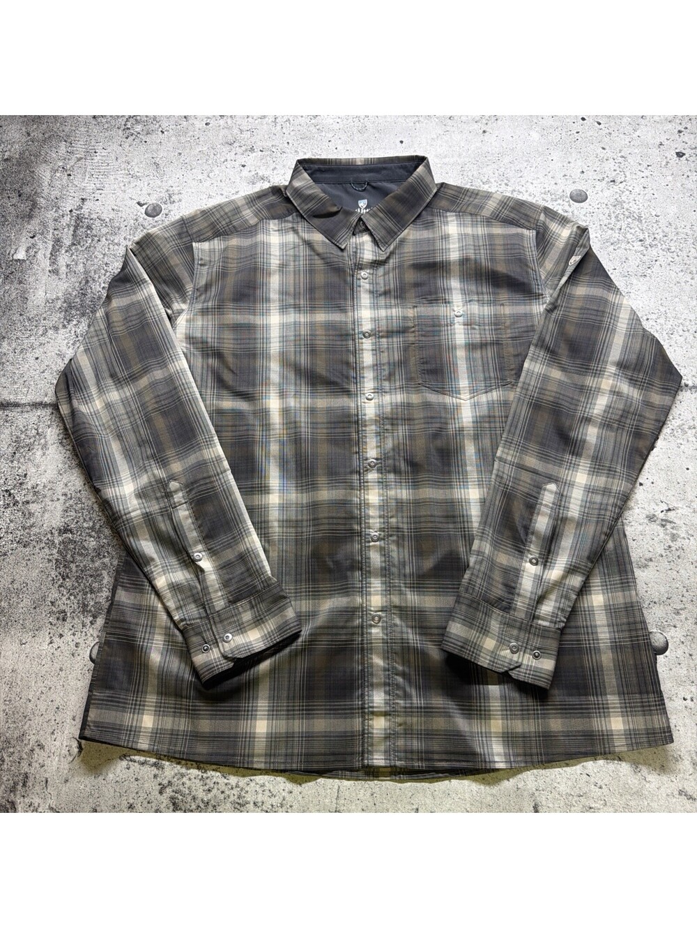 KUHL Button Up Shirt Mens XL Plaid Light Weight Brown Gray Outdoor Hiking